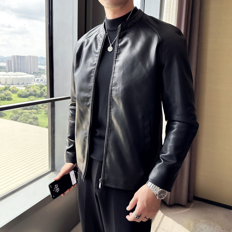 Men Slim Faux Leather Blouson with Stand-Up Collar and Concealed Zip Chichicherry