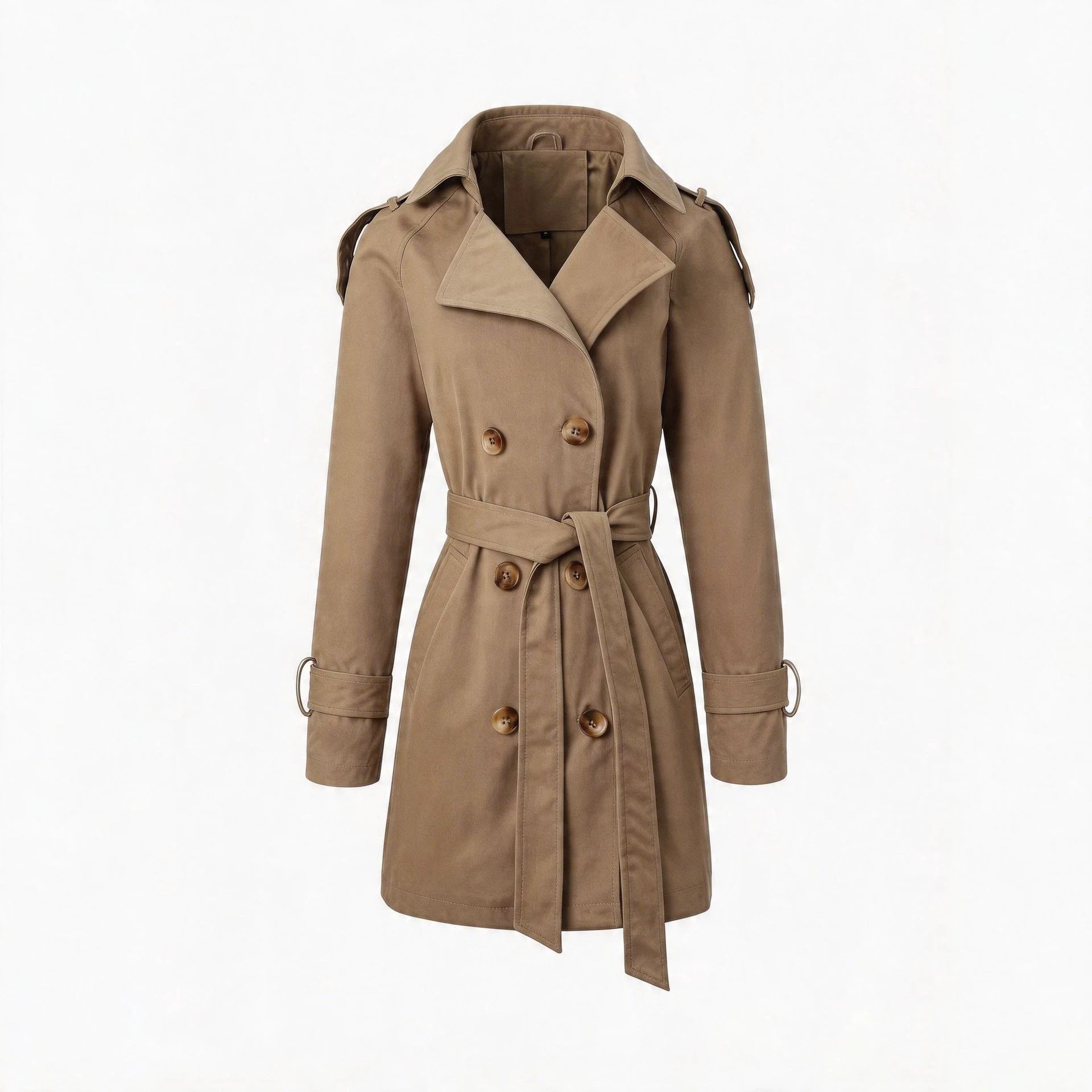 Women Tailored Trench Coat with Tied Belt, Shoulder Tabs and Metal Ring Details Chichicherry