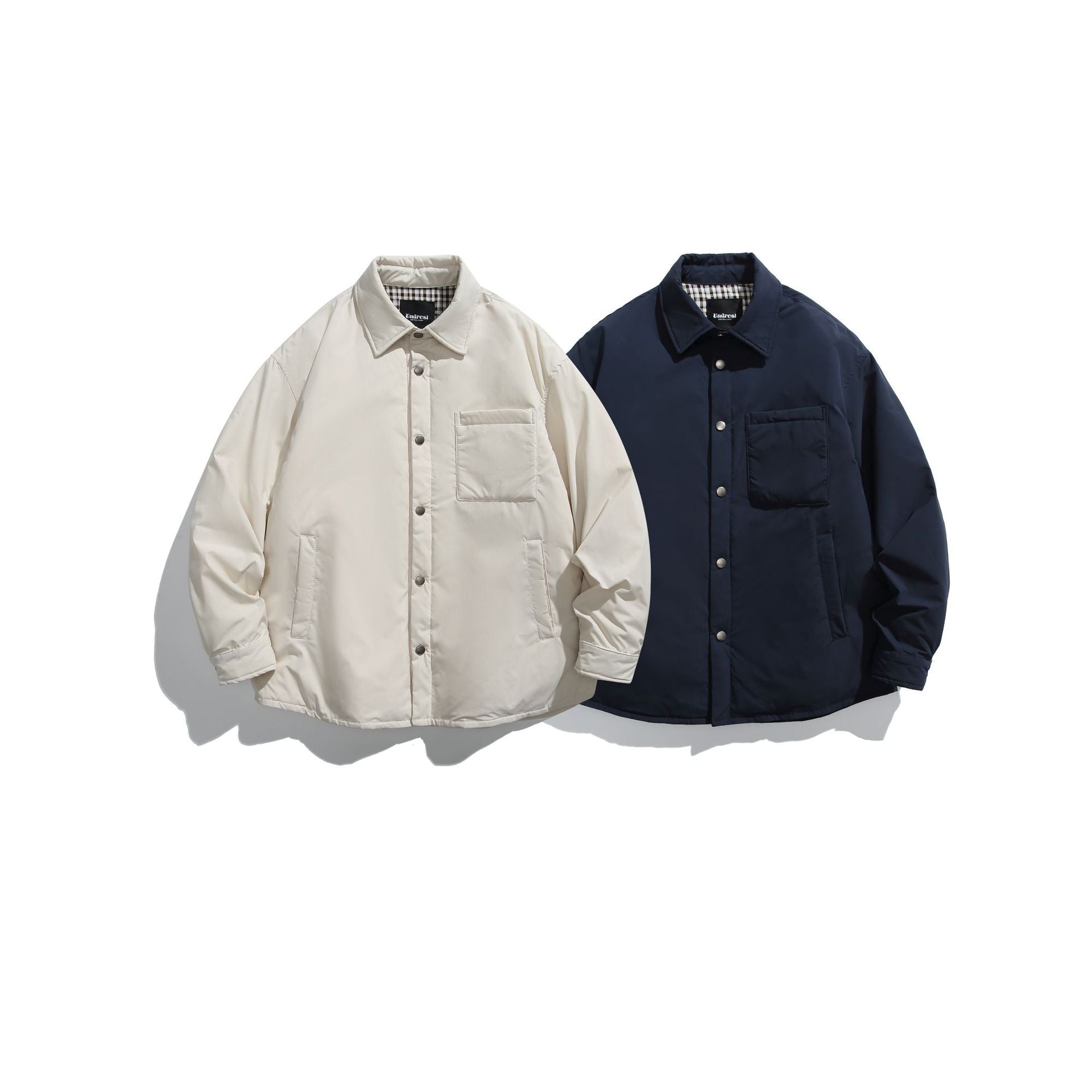 Unisex Padded Coach Jacket with Check Lining and Snap Button Placket Chichicherry