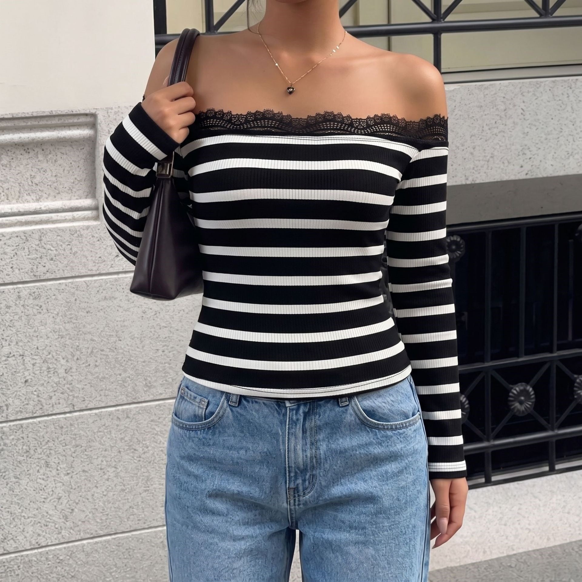 Women's Off-Shoulder Striped Ribbed Top with Lace Chichicherry