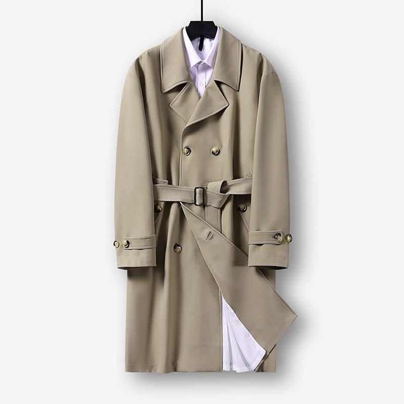 Men's Modern Knee-Length Double-Breasted Trench Coat with Waist Belt Chichicherry