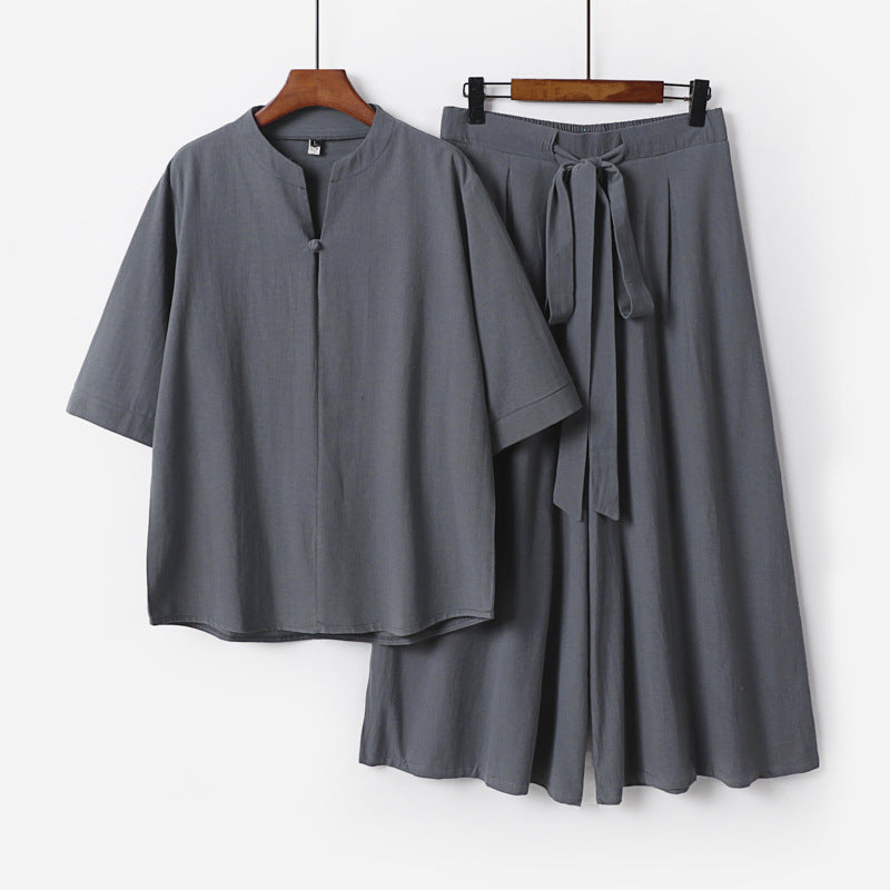 Women's Casual Linen-Viscose Lounge Set with Stand Collar Top and Wide Palazzo Pants Chichicherry