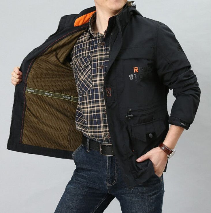Men's functional canvas field jacket with multifunction pockets and breathable mesh lining Chichicherry