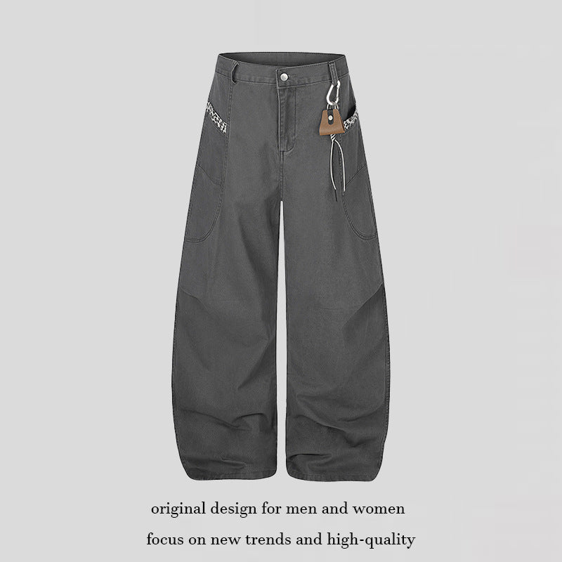 Women Extra Wide Palazzo Trousers with High Waist, Cargo Pockets and Decorative Keychain Chichicherry