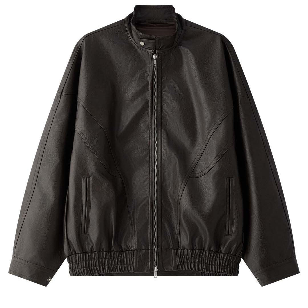 Women's Oversized Leather Bomber Jacket with Stand-up Collar, Concealed Zipper and Gathered Hem Chichicherry
