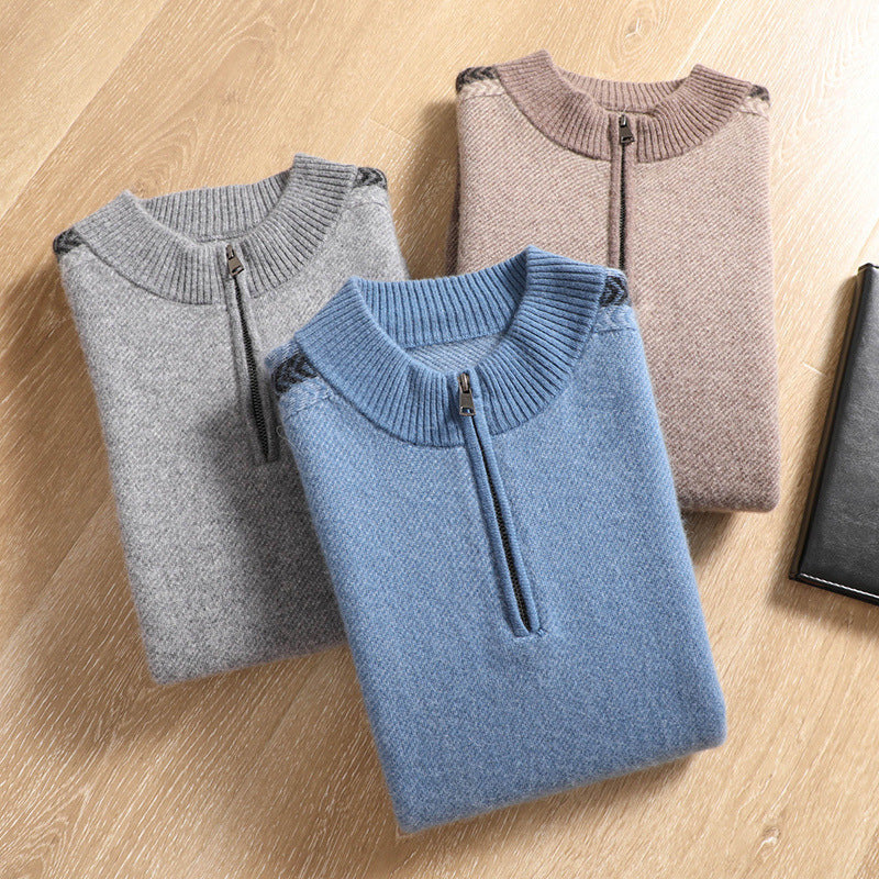 Men's half-zip roll-neck sweater made of cashmere blend with fine ribbed edge Chichicherry