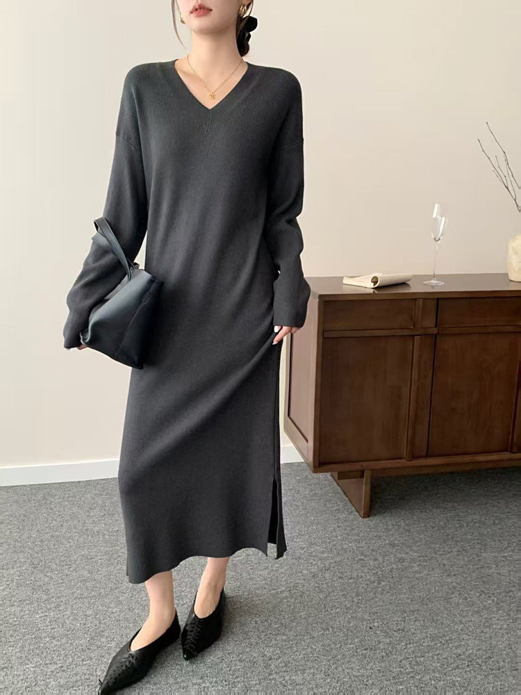 Women Long Fine Knitted Midi Dress with V-Neck, Side Slit and Relaxed Silhouette Chichicherry