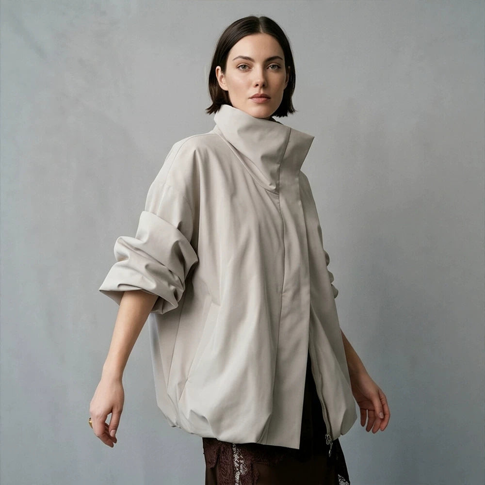 Women's boxy short quilted jacket with high asymmetric stand-up collar Chichicherry