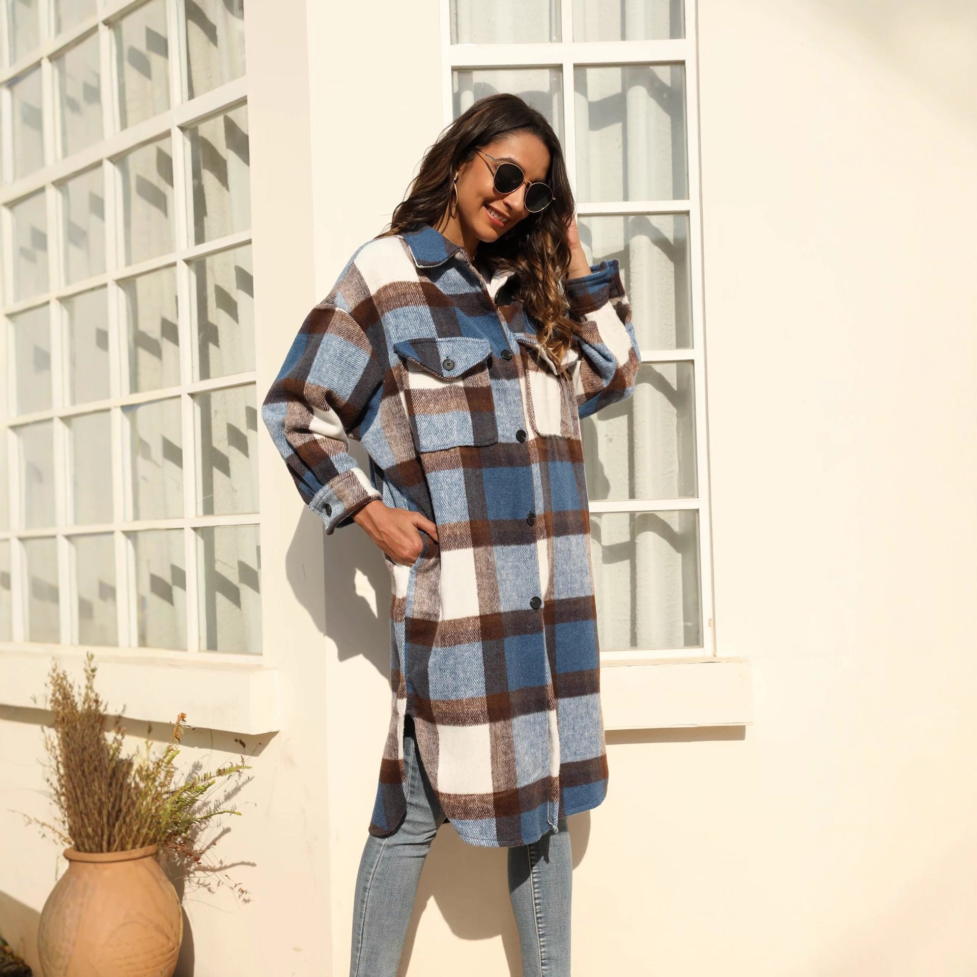 Women's Longline Check Shirt Jacket with Patch Pockets Chichicherry