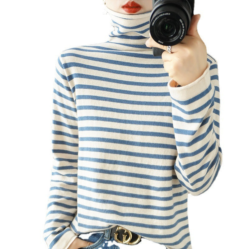 Ladies Maritime Fine Knit Turtleneck with Fine Stripe Pattern and Slim Fit Chichicherry