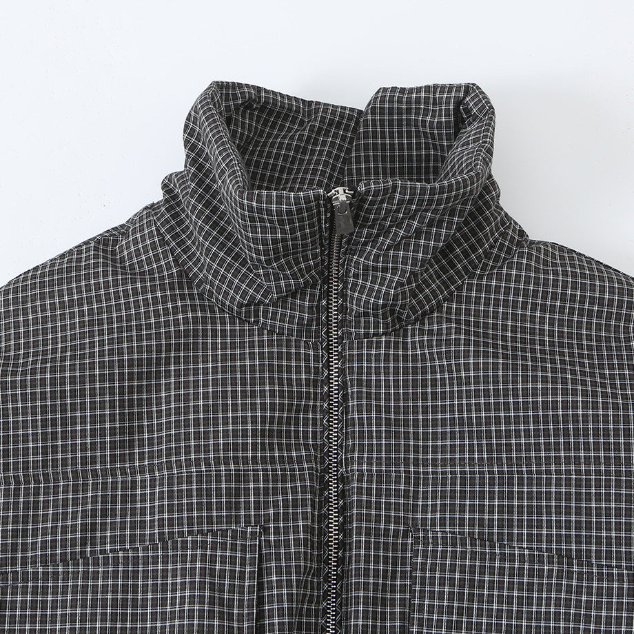 Women’s short jacket in checkered utility bomber with high stand collar and drawstring waist Chichicherry