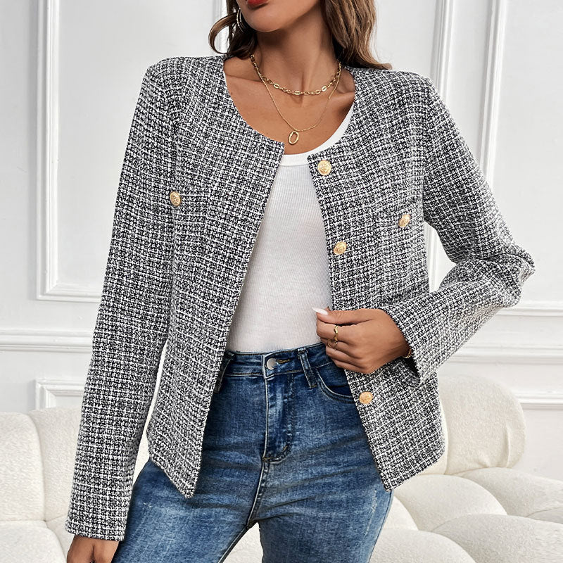Women's short blazer in bouclé tweed with round neckline & golden decorative buttons Chichicherry