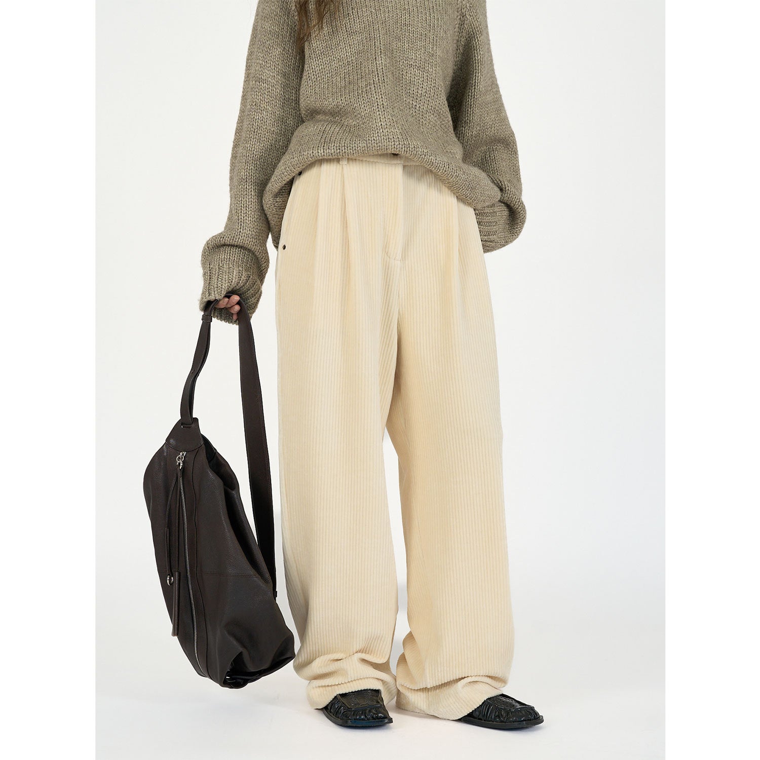 Women's Wide Cord Pants with High Waist, Pleats and Palazzo Cut Chichicherry