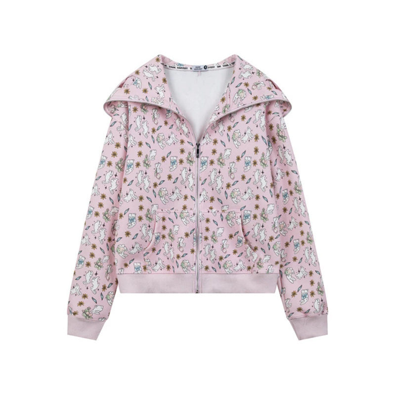Women’s Hooded Sweat Jacket with Zipper and Cute All-Over Print Chichicherry