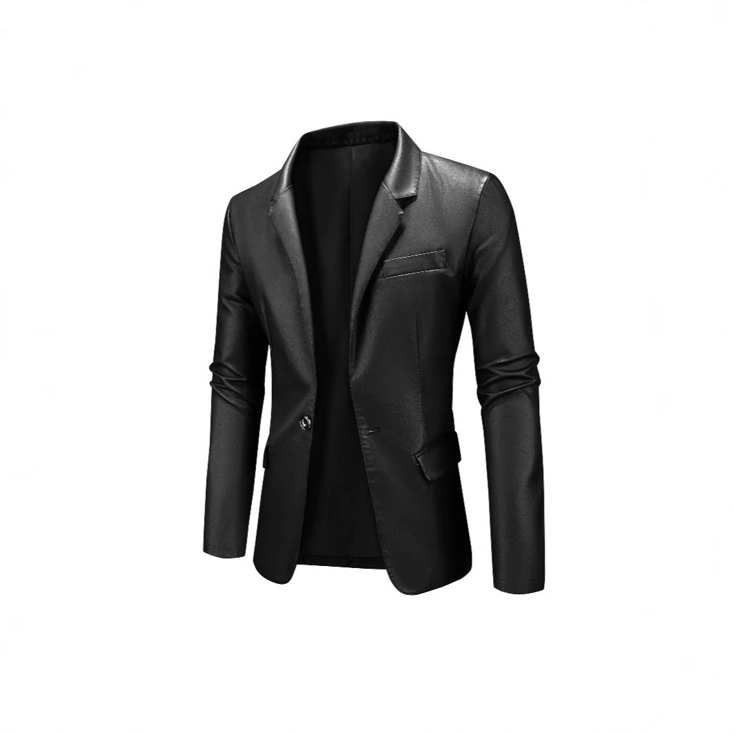 Men's Slim-Fit Leather Blazer with One-Button, Classic Lapel and Flap Pockets Chichicherry