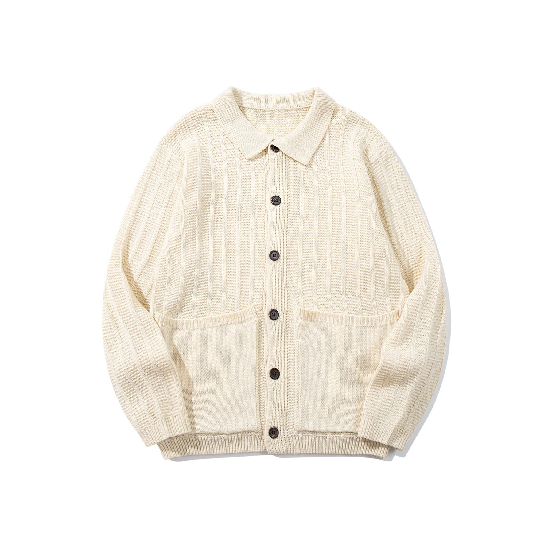 Unisex Textured Knit Cardigan with Shirt Collar and Patch Pockets Chichicherry