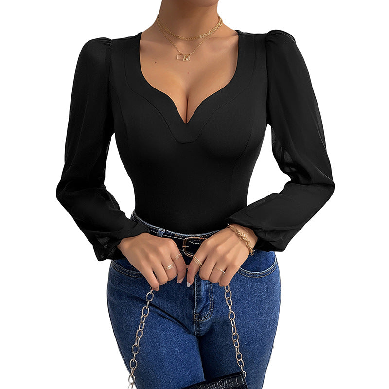 Women's figure-hugging bodysuit with heart-shaped neckline, puffed sleeves, and transparent chiffon sleeves Chichicherry