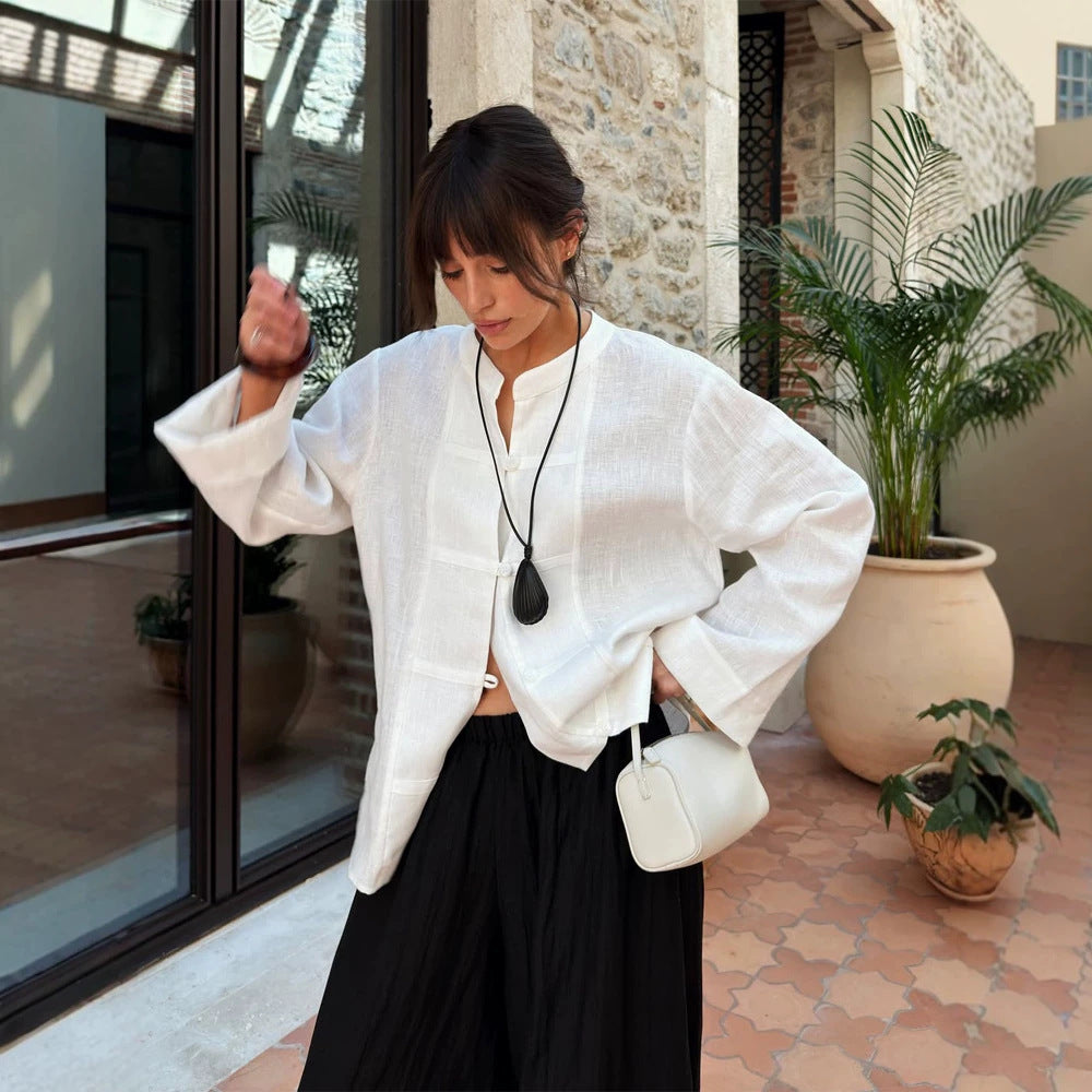 Women Oversized Linen Blouse with Mandarin Collar, Concealed Button Placket and Three-Quarter Sleeves Chichicherry