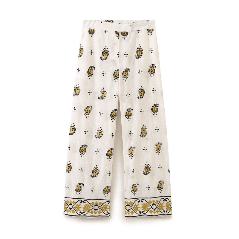 Women's wide Palazzo pants with paisley print and decorative border hem Chichicherry