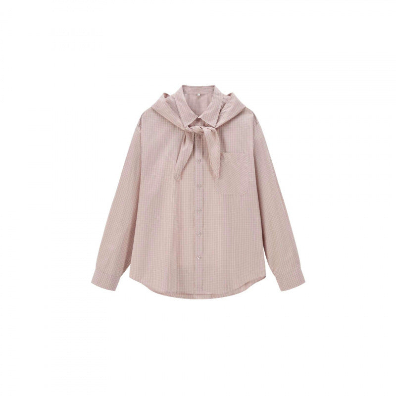 Women’s check shirt with attached scarf detail and casual oversized silhouette Chichicherry