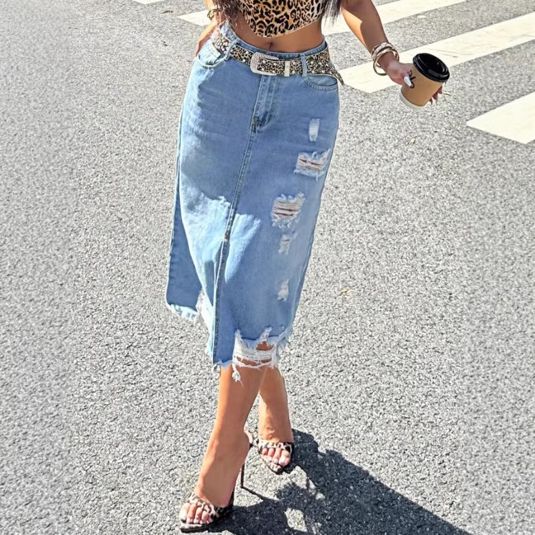 Ladies Denim Midi Skirt with Fringes Front Slit and Used Effects Chichicherry