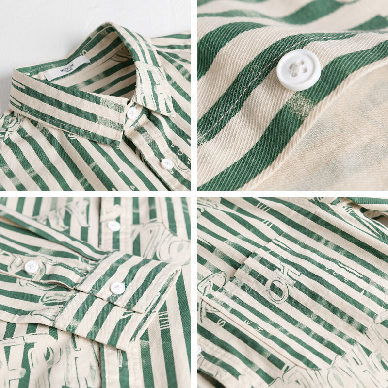 Men's Lightweight Shirt in Striped Lettering Mix with Chest Pocket and Loose Fit Chichicherry