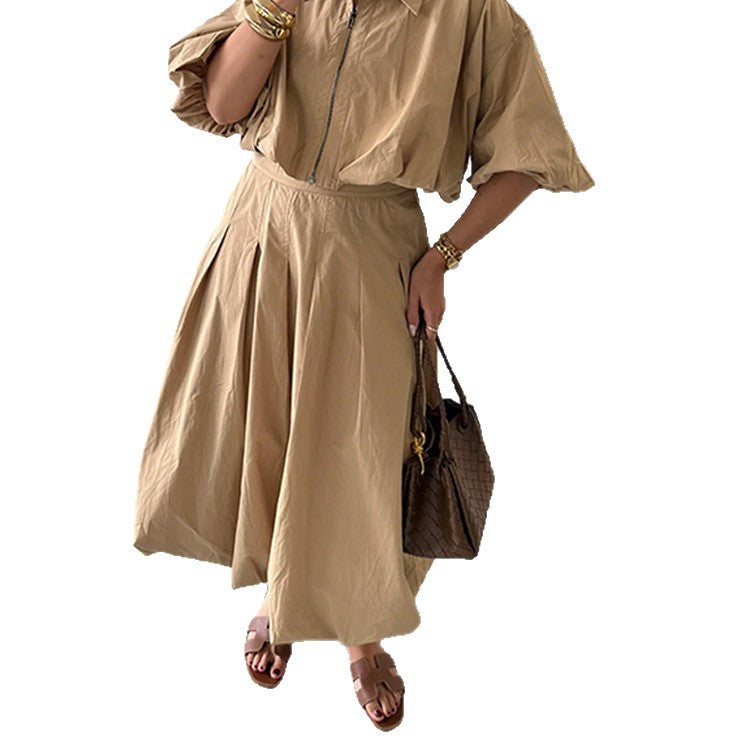 Women Tailored A-Line Midi Skirt with Pleats & High Waist Chichicherry
