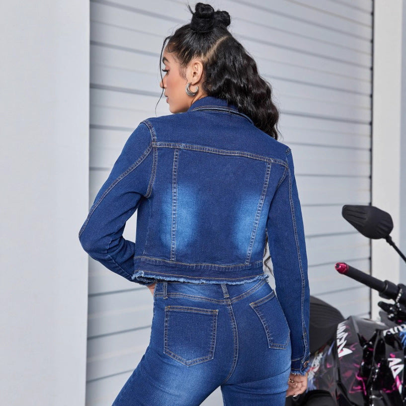 Women Short Waist-Length Denim Jacket with Zip and Frayed Hem Chichicherry