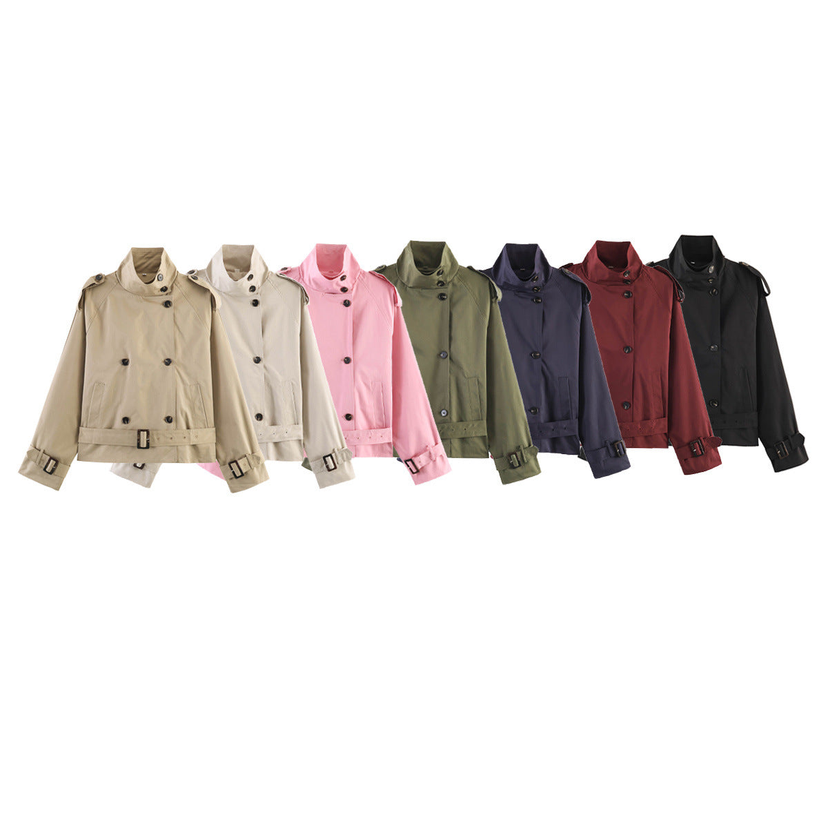 Women's Short Double-Breasted Waist Belt Trench Coat with High Funnel Collar and Shoulder Straps Chichicherry
