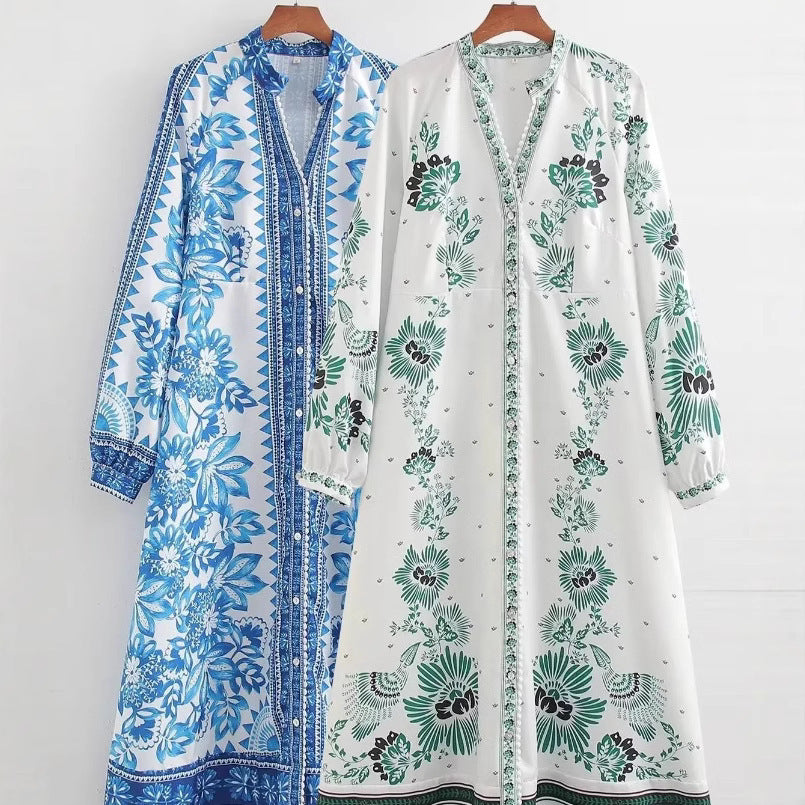 Women’s maxi dress in boho shirt style with stand-up collar and full button placket Chichicherry