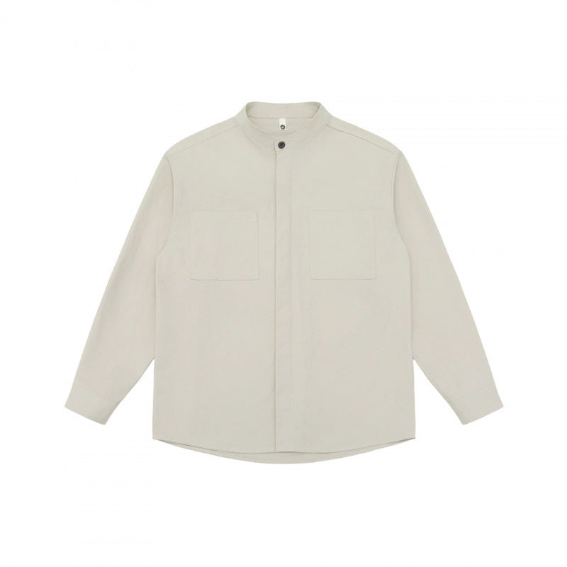 Unisex Oversized Shirt Jacket with Stand-up Collar, Concealed Button Placket and Patch Chest Pockets Chichicherry