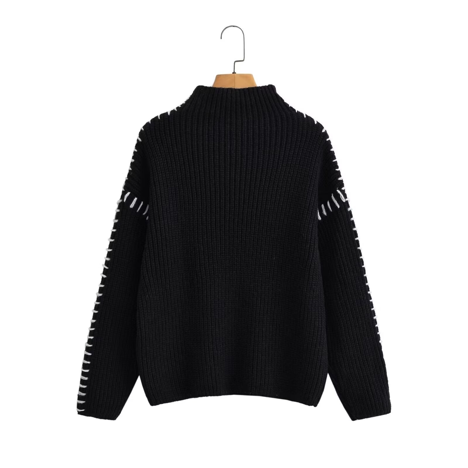 Women's Oversize Knit Sweater with Stand Collar, Balloon Sleeves and Decorative Stitch Chichicherry