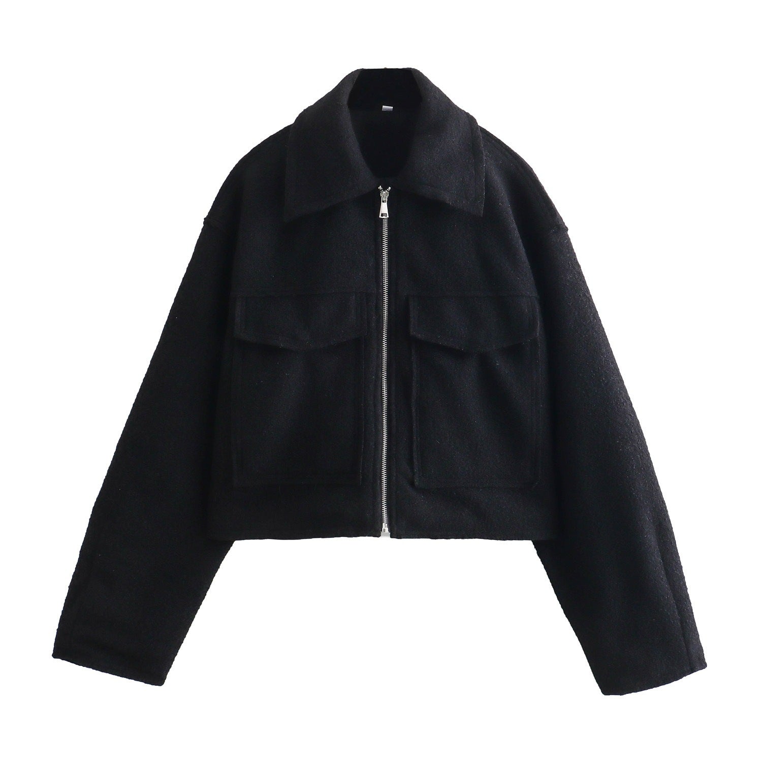Women Short Boucle Jacket in Boxy Cut with Zip and Flap Pockets Chichicherry
