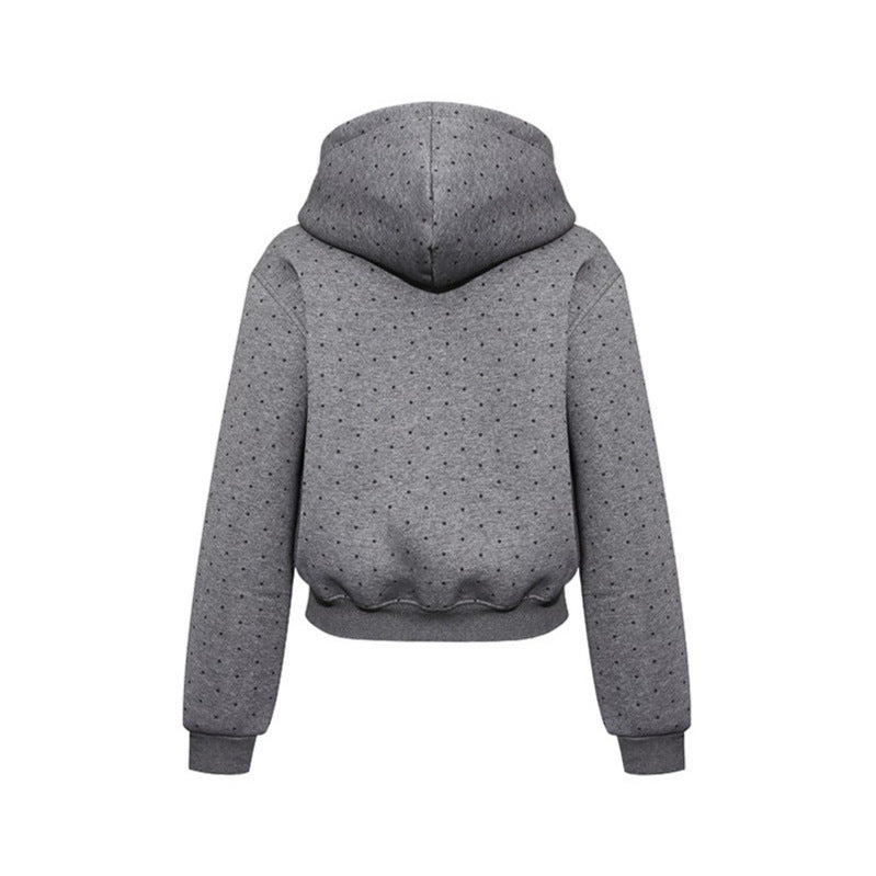 Women’s hoodie sweatshirt with polka dot pattern, kangaroo pocket and large typographic print Chichicherry