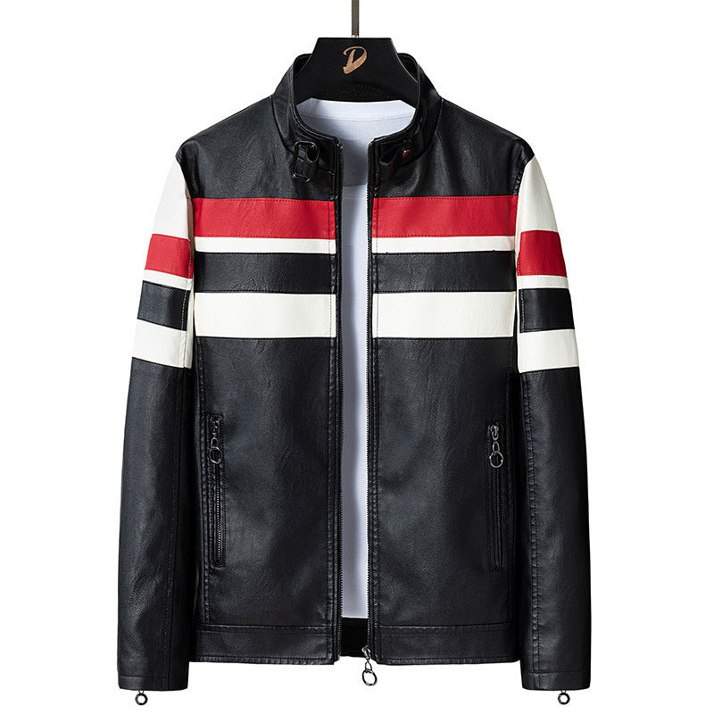Men's Faux Leather Moto Jacket in Racing Style with Stand Collar and Decorative Stripes Chichicherry