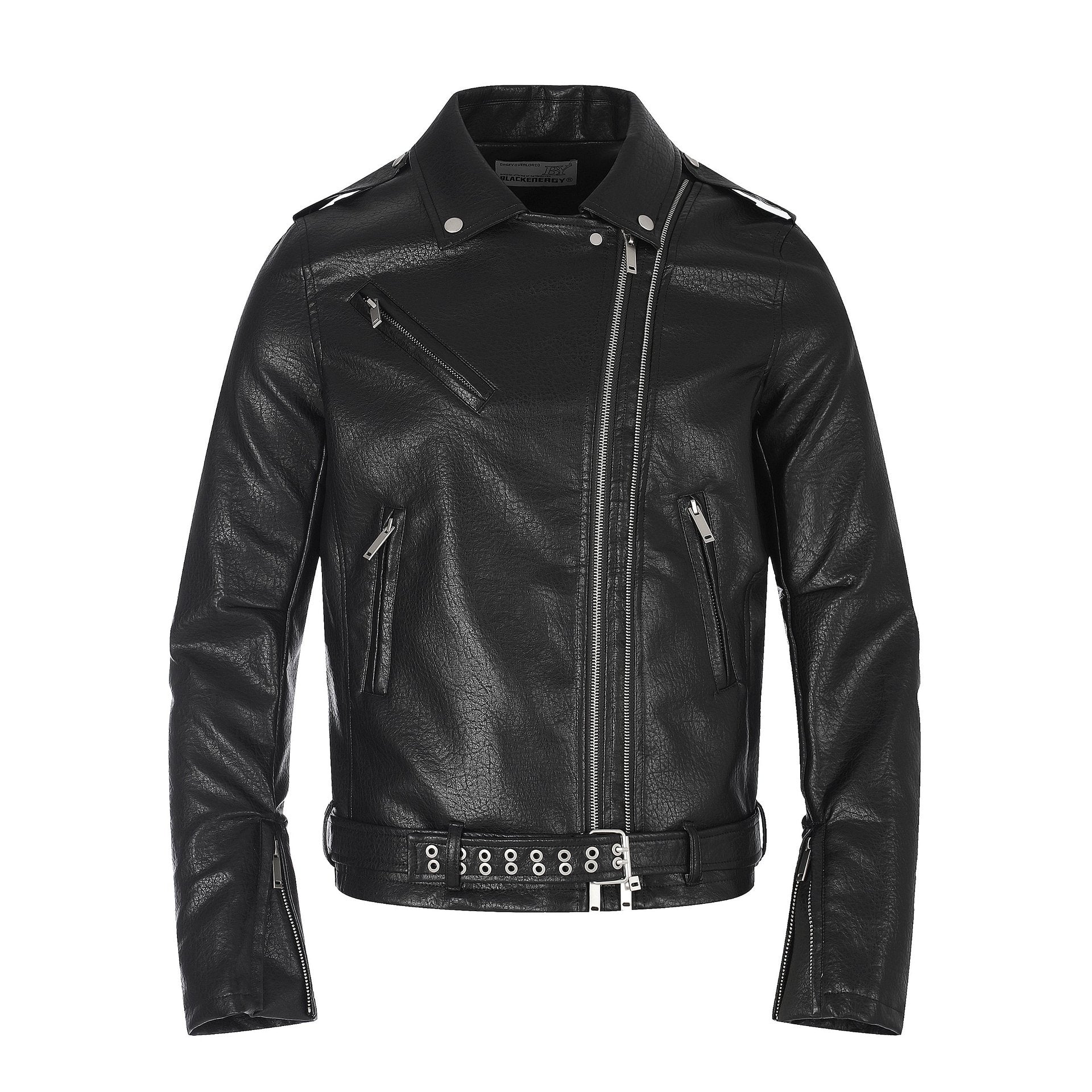 Men's faux leather biker jacket with asymmetrical zipper and eyelet belt Chichicherry
