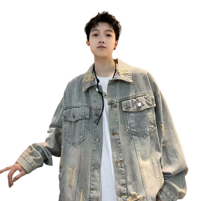 Herren Oversized Denim-Jeansjacke im Vintage-Look mit Distressed-Details und aufgesetzten Pattentaschen Chichicherry