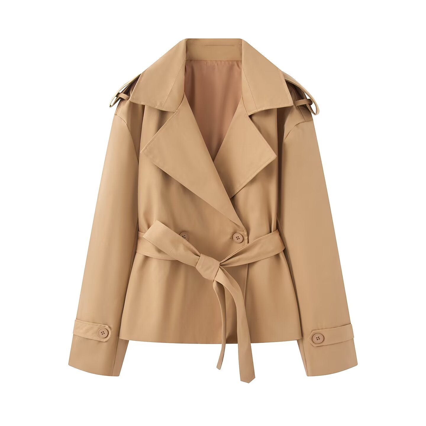 Women's Short Cut Trench Coat with Waist Belt and Wide Lapels Chichicherry