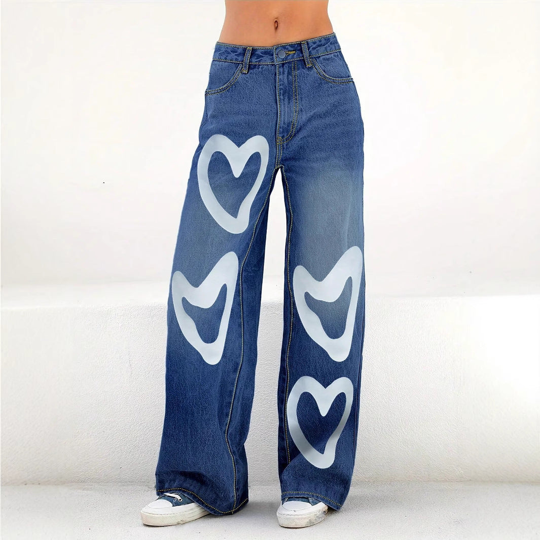 Ladies High-Waist Wide-Leg Jeans with large heart print Chichicherry