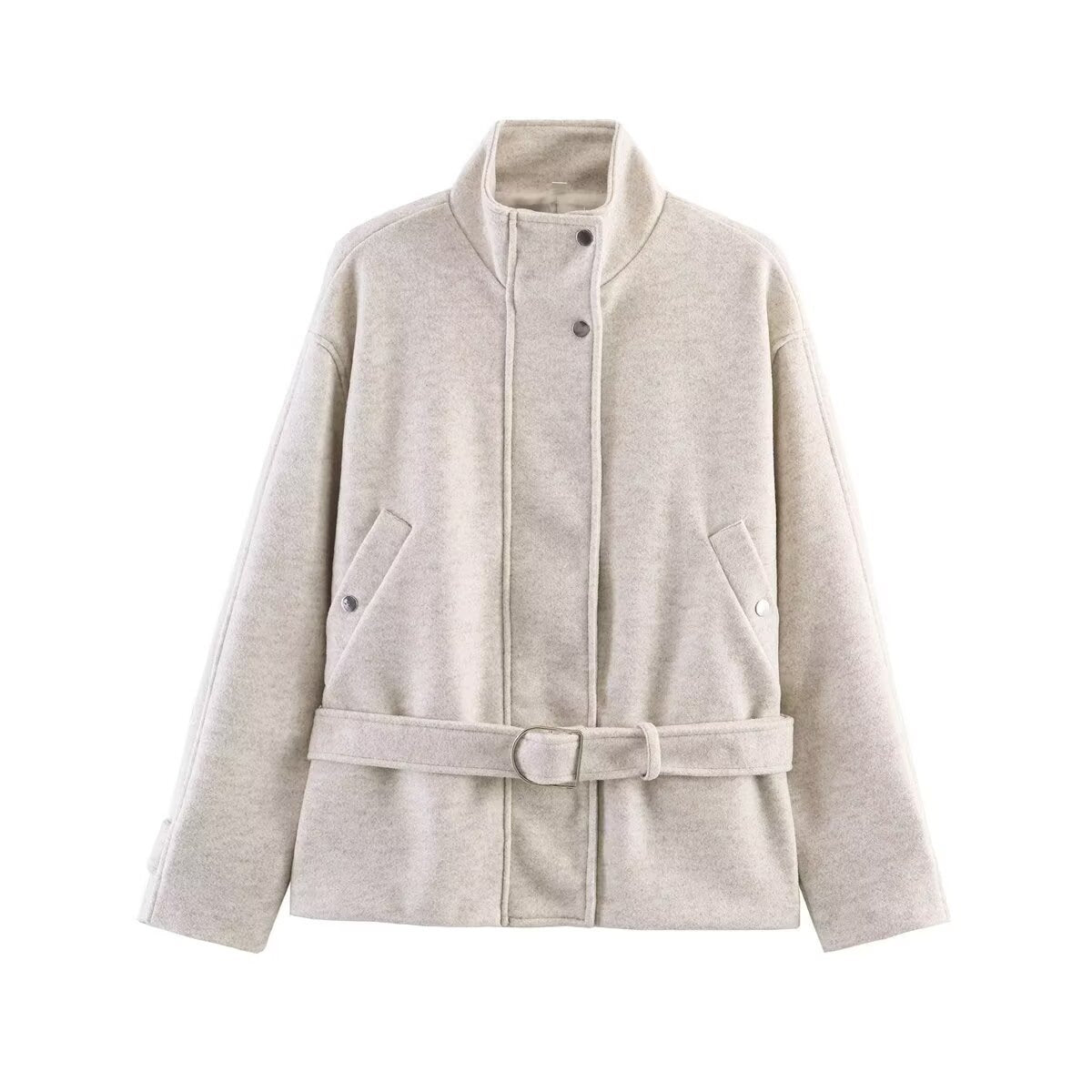 Women's short jacket made of wool blend with waistband, stand-up collar and flap pockets Chichicherry