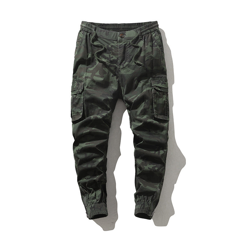 Men's cargo joggers in camouflage print, elastic waistband and cuffs.