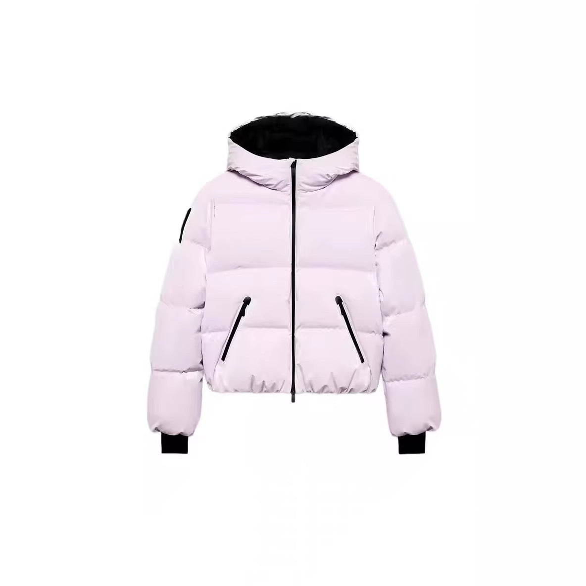 Women's short padded bomber-style hooded jacket with elastic hem and zippered pockets Chichicherry