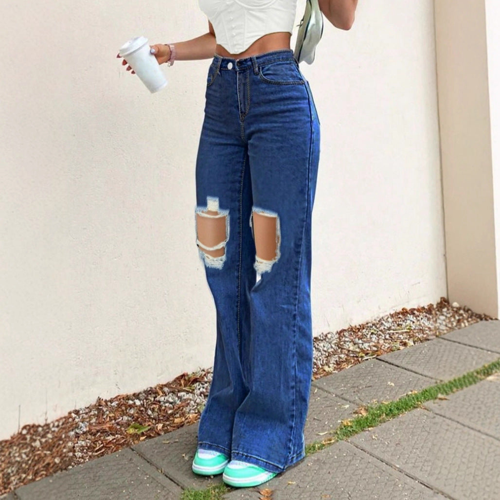 Ladies High-Waist Flared Jeans in Retro Bootcut with Knee-High Cut-Outs and Five-Pocket Design Chichicherry