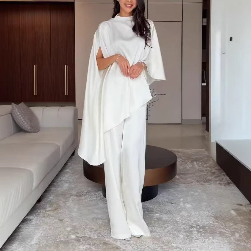 Women Two-Piece Chiffon Cape with Asymmetrical Hem and Trousers with Elastic Waist Chichicherry