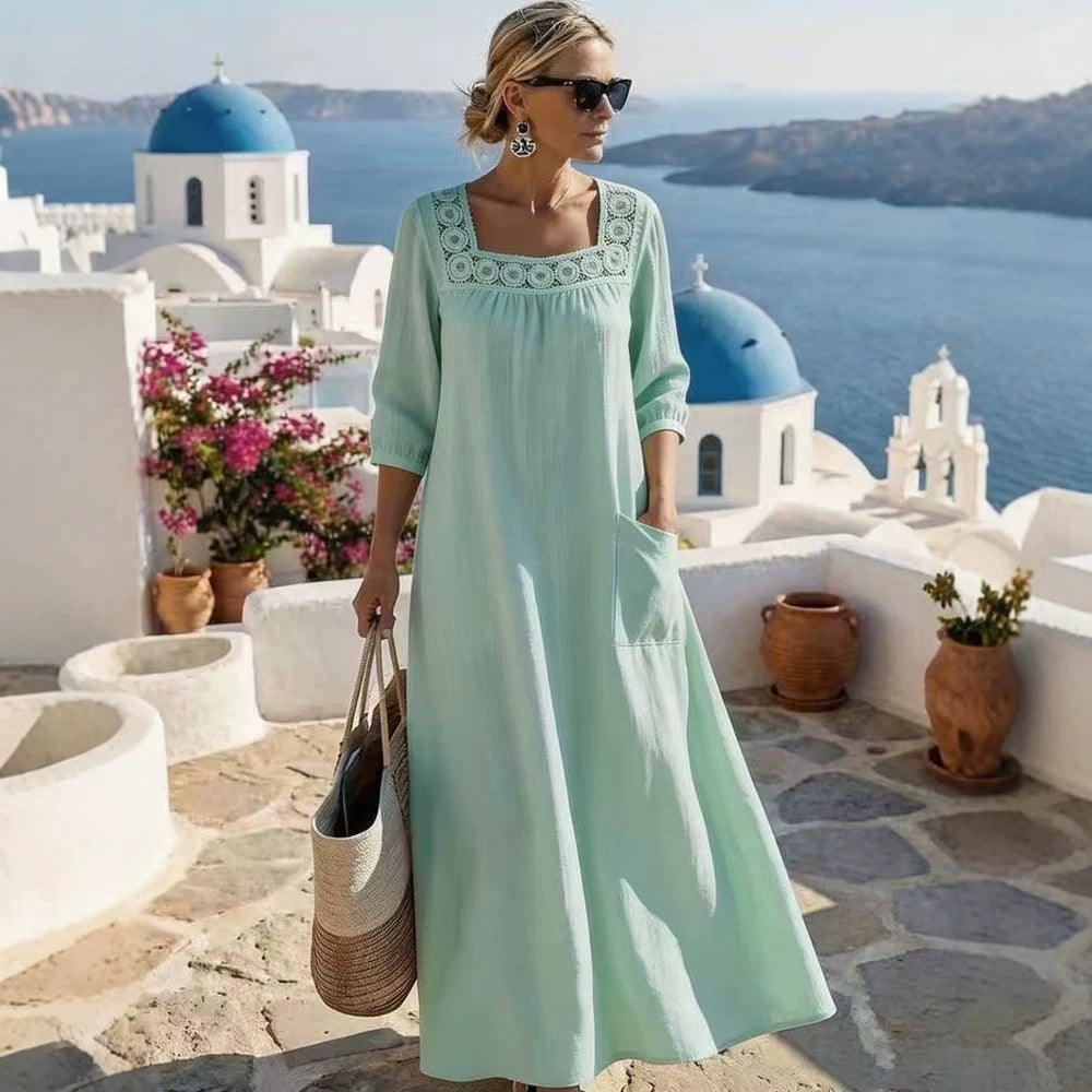 Women's maxi dress with crochet square neckline, three-quarter sleeves, and pocket Chichicherry
