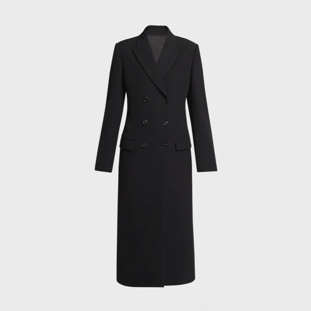 Women Mid-length Double-breasted Blazer Coat with Structured Shoulder and Slim Fit Chichicherry