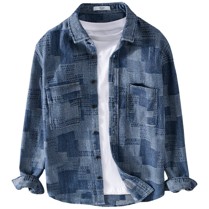 Men's Structured Cord Shirt Jacket in Patchwork Pattern with Kent Collar Chichicherry