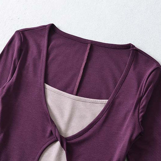 Women Layered Look Shirt with Knot Front, Three-Quarter Sleeves and Integrated Under Top Chichicherry