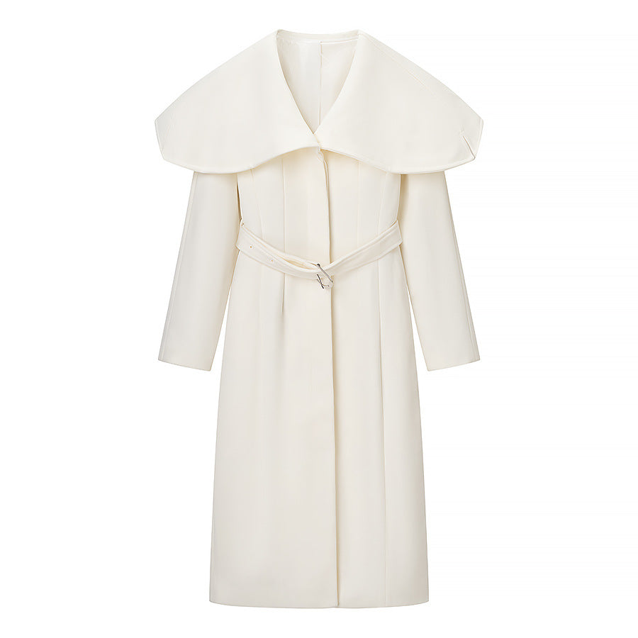 Women's Maximal Long Tailored Wool Blend Coat with Oversized Shawl Collar and Belt Chichicherry