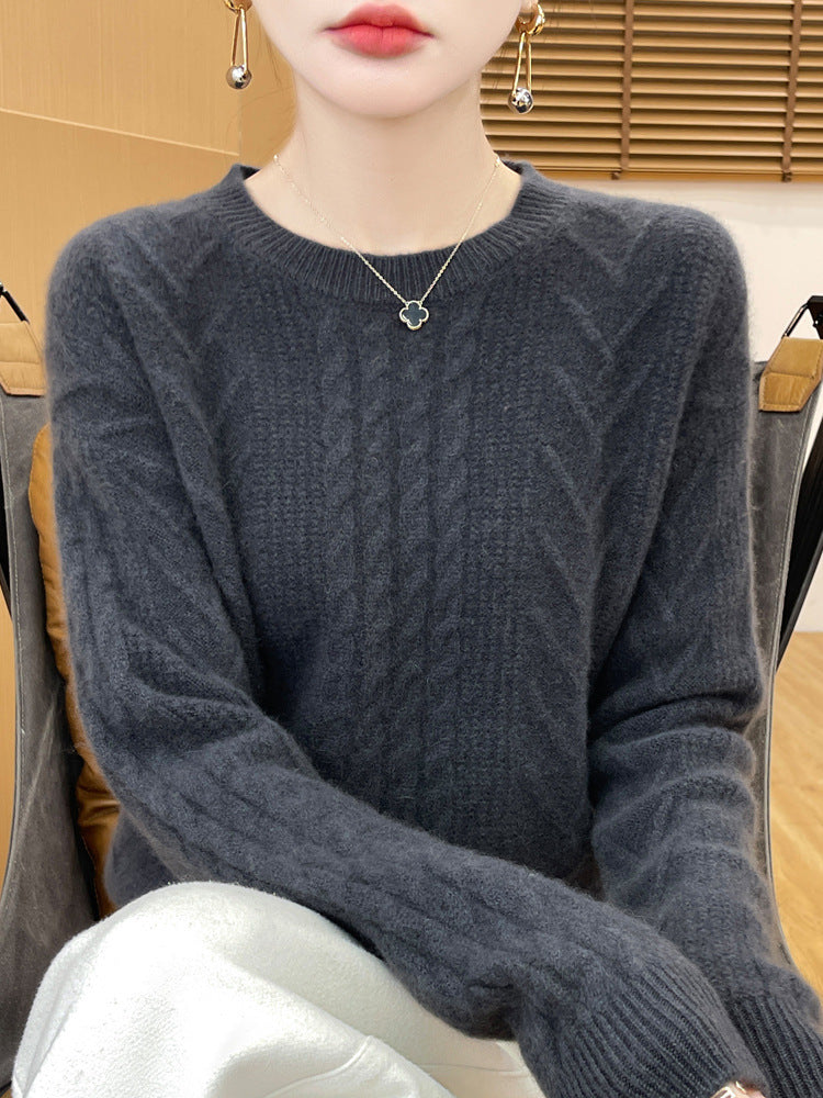 Women's Short Sweater with Cable Pattern, Round Neck and Cashmere-like Softness Chichicherry